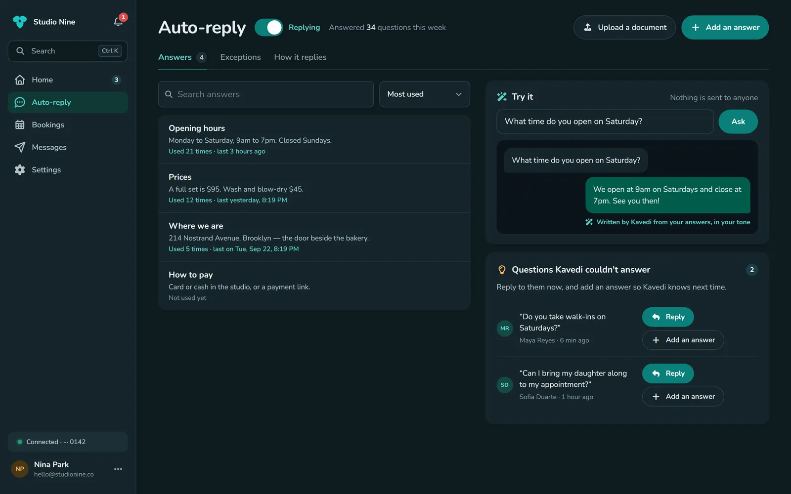 The answers screen, with Try it showing the reply Kavedi would send