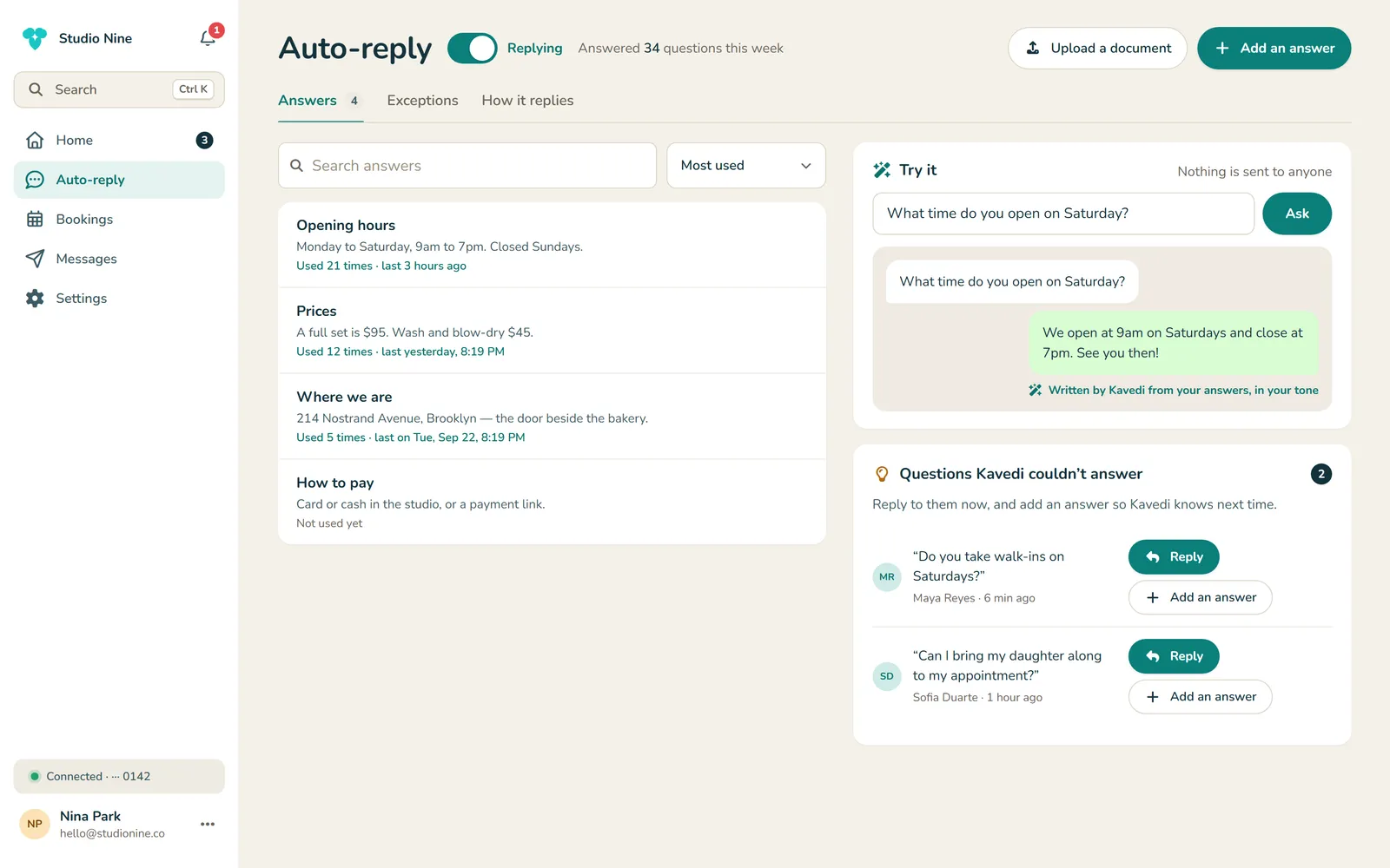 The answers screen, with Try it showing the reply Kavedi would send