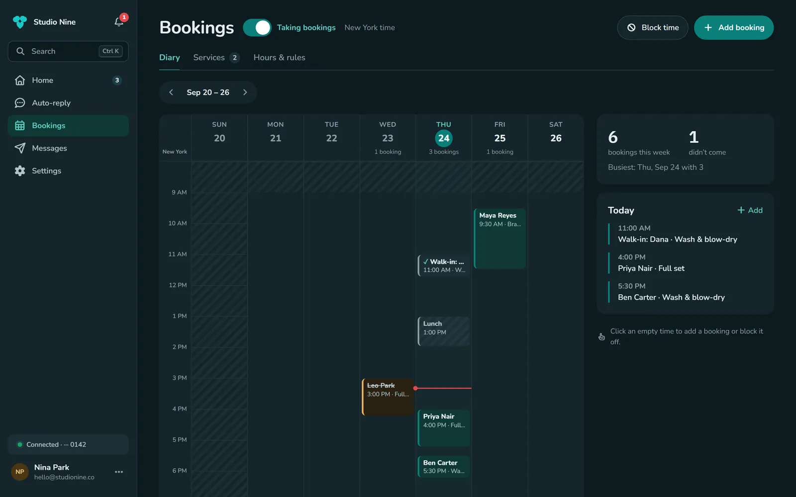 A week in the bookings diary, with appointments, a walk-in and blocked time
