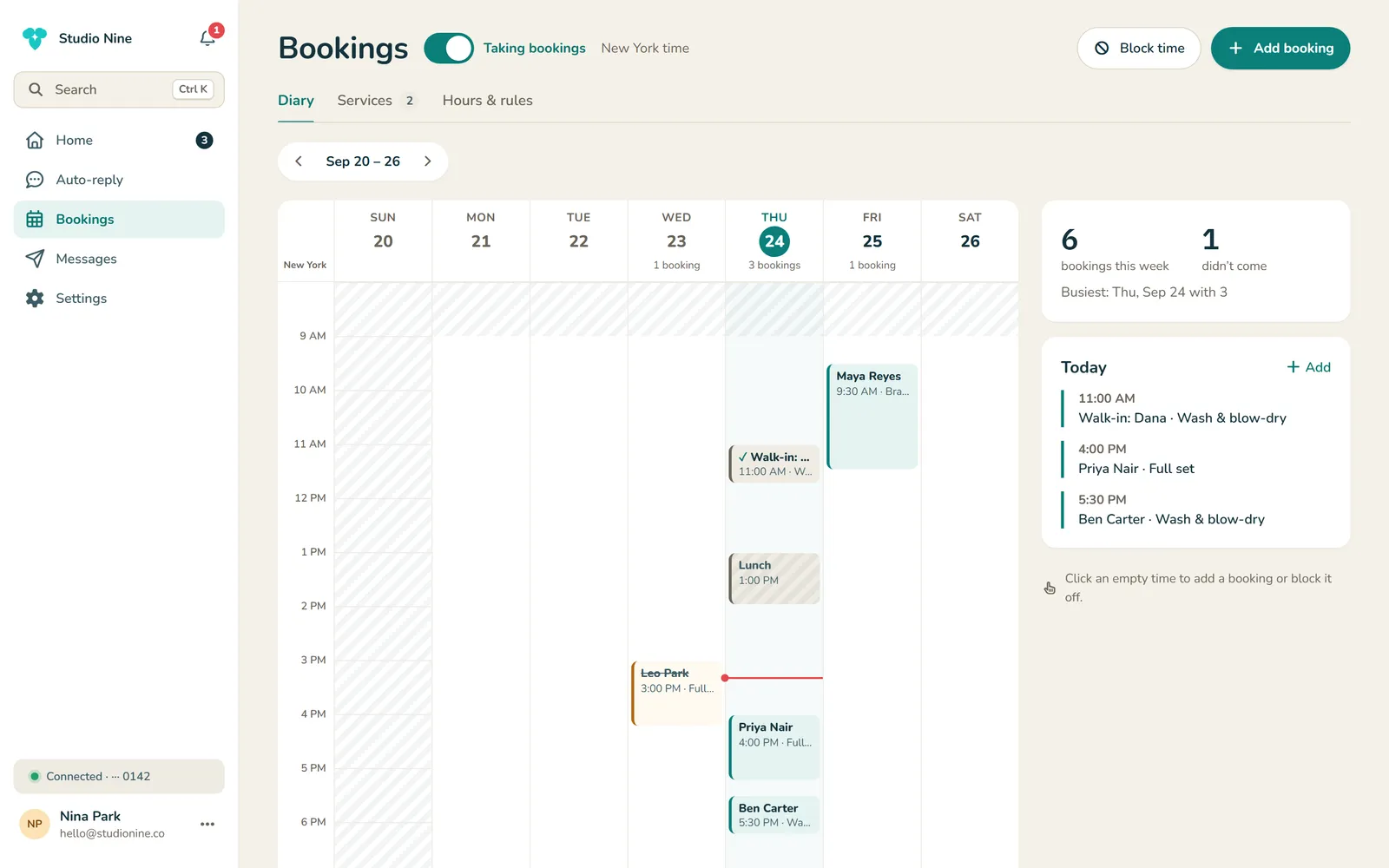A week in the bookings diary, with appointments, a walk-in and blocked time