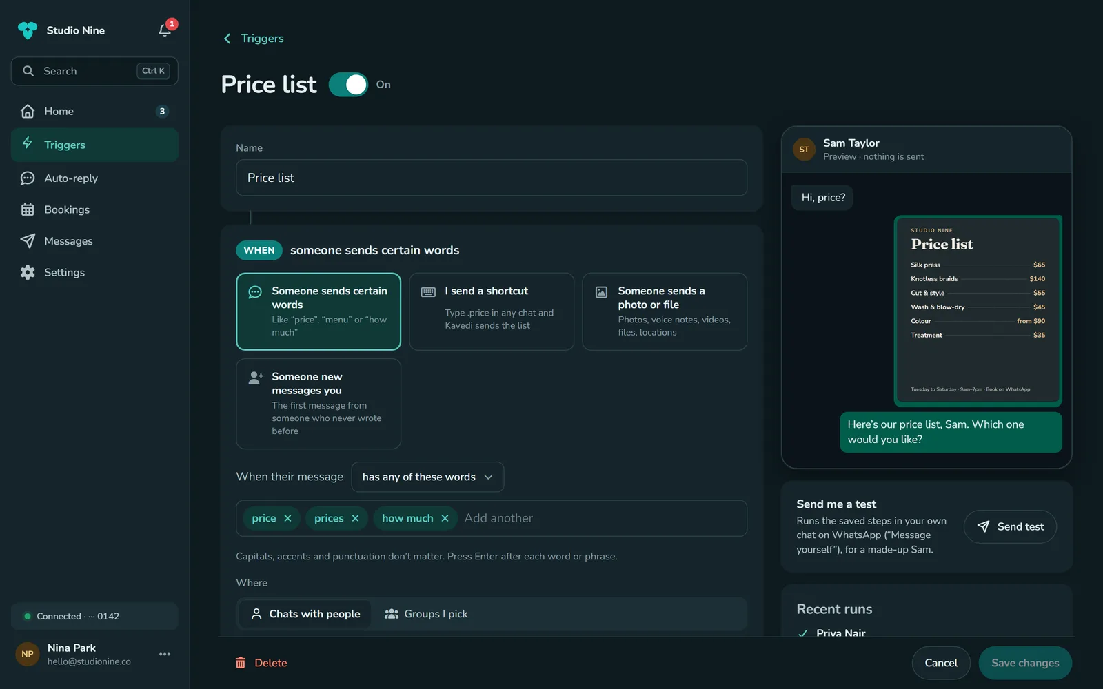 Building a trigger: when someone sends price or how much, send the price list and a message, with a preview of the chat