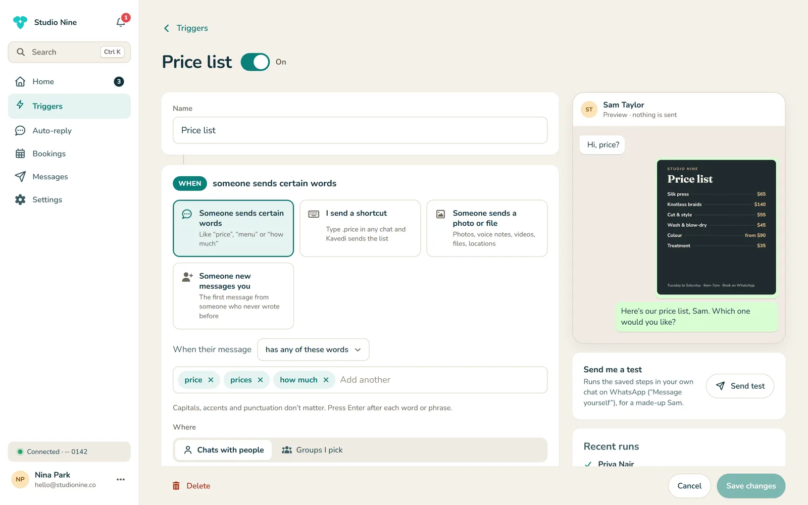 Building a trigger: when someone sends price or how much, send the price list and a message, with a preview of the chat